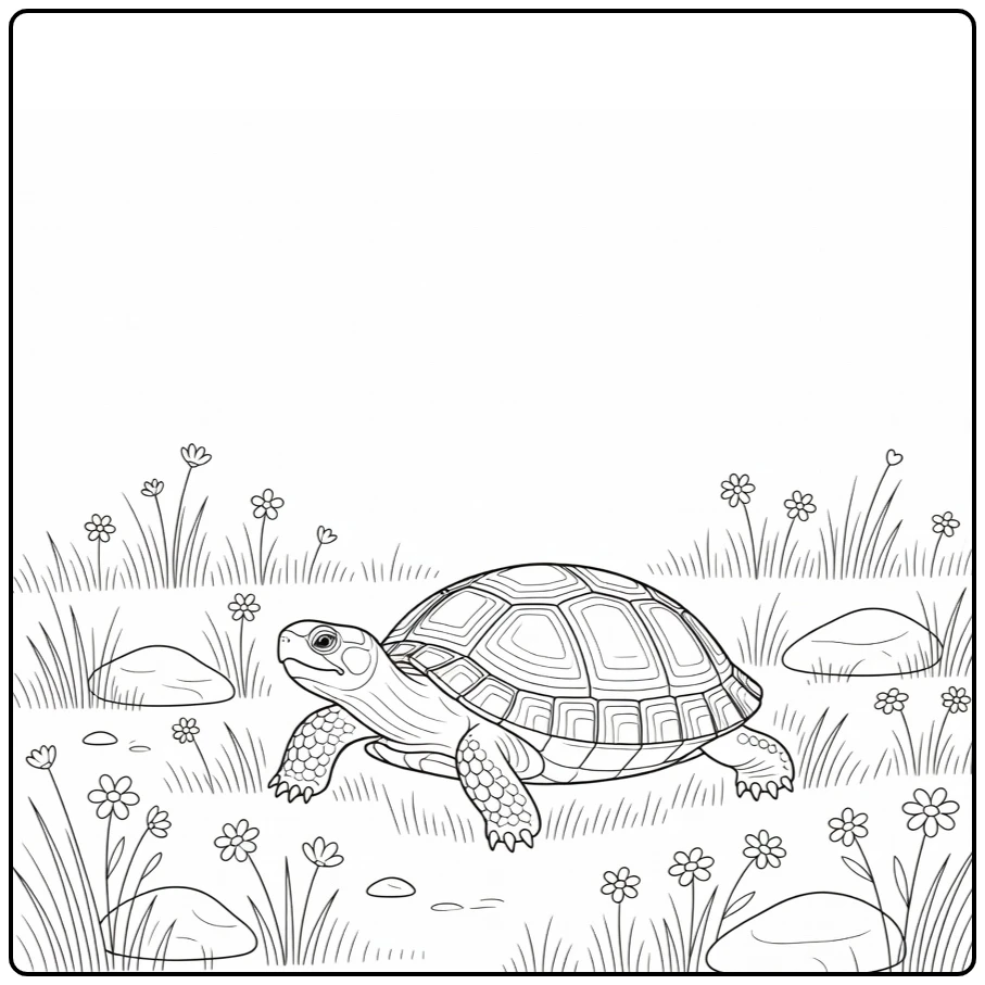 Landschildpad Kleurplaat van schildpad in droge weide met bloemen