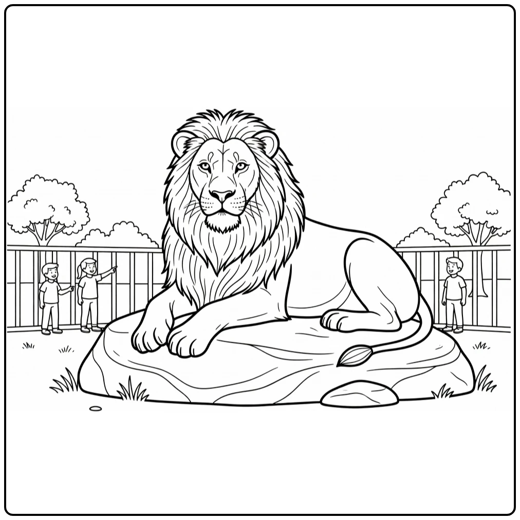 Leeuw Kleurplaat met leeuw op rots in dierentuin en kinderen