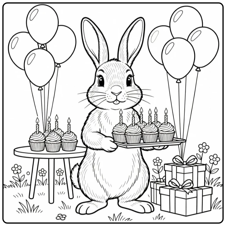 kleurplaat verjaardag met konijn en cupcakes