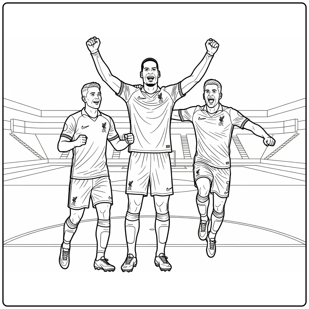 Liverpool Kleurplaat drie spelers vieren goal