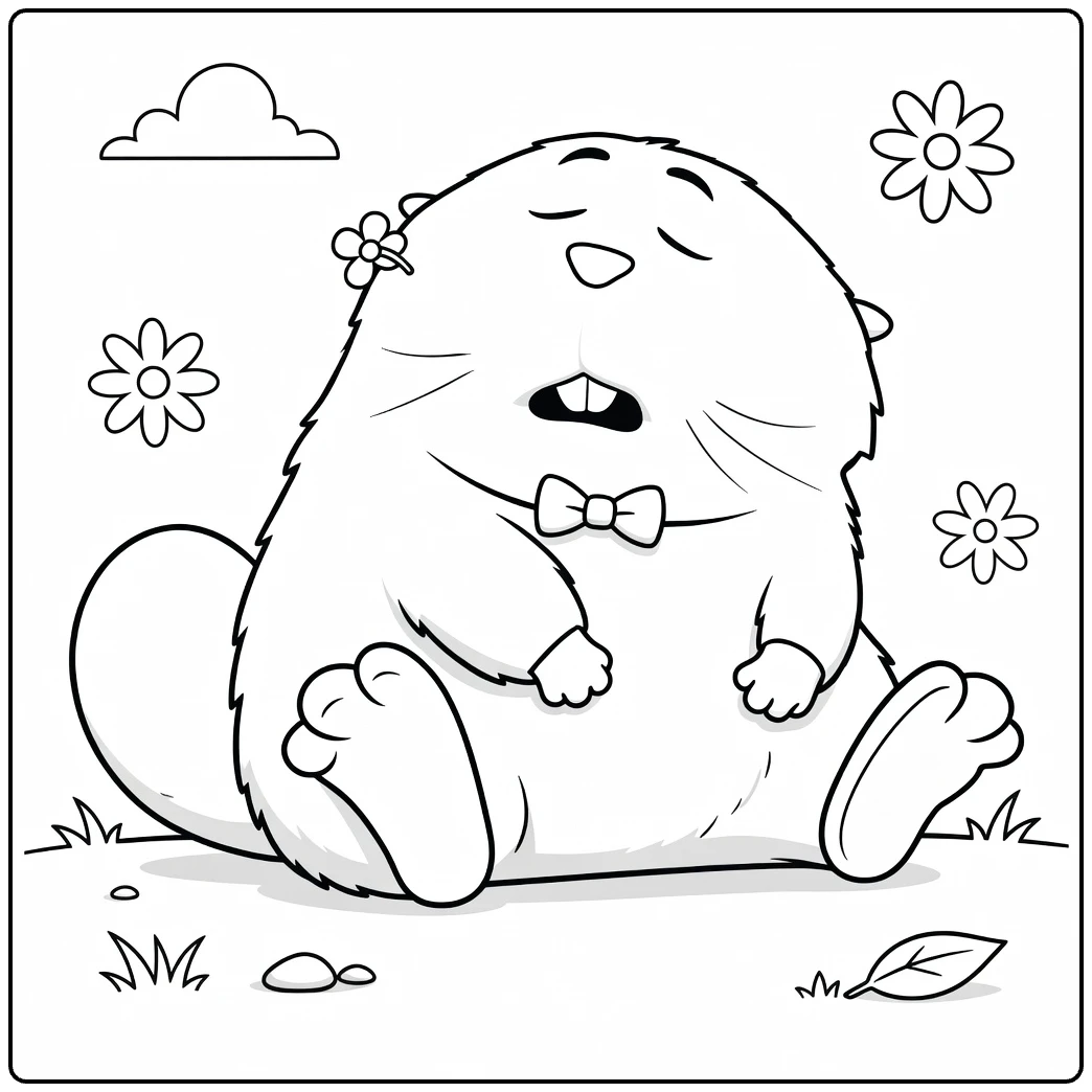Loaf Kleurplaat van een blije bever met strik en bloemen