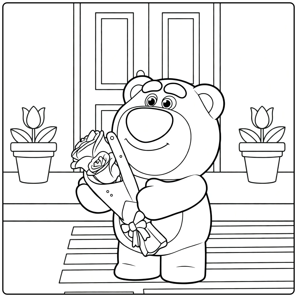 Lotso Kleurplaat beer met rozen voor deur