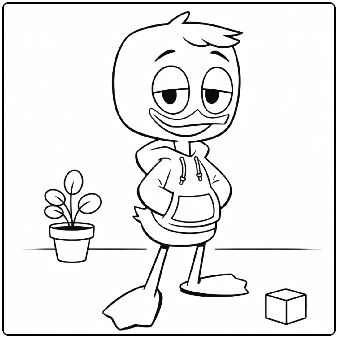 Louie Duck Kleurplaat met bloempot en kubus