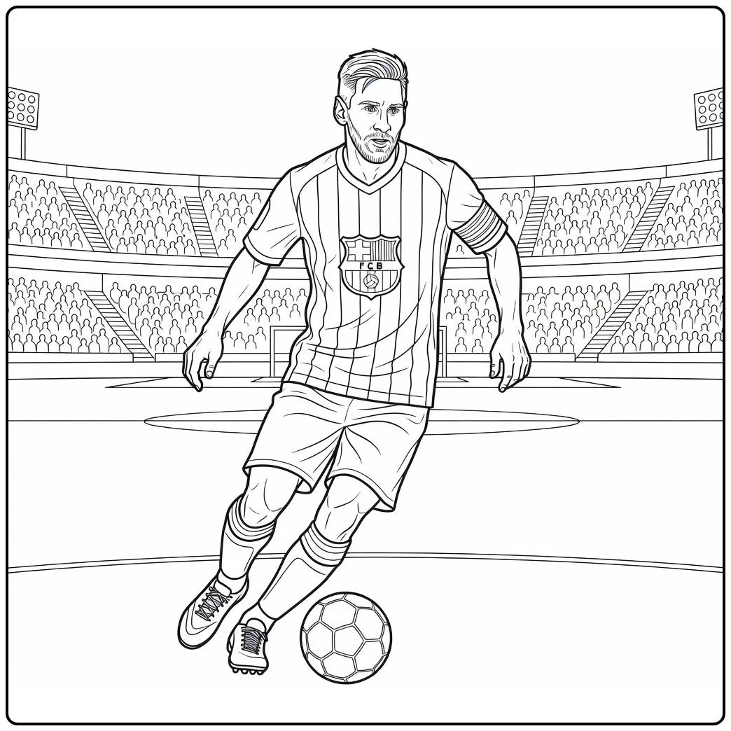 Messi Barcelona Kleurplaat realistische speler dribbelt bal