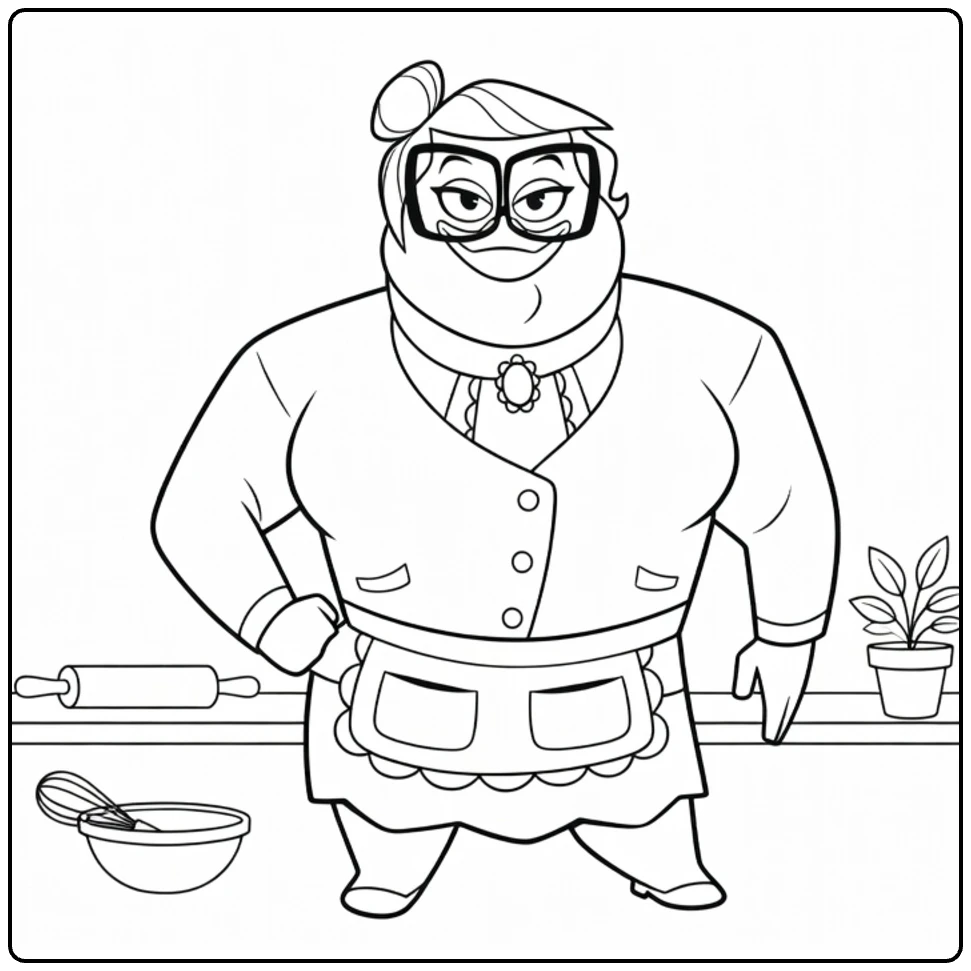 Mrs. Beakley Kleurplaat van kokkin in de keuken