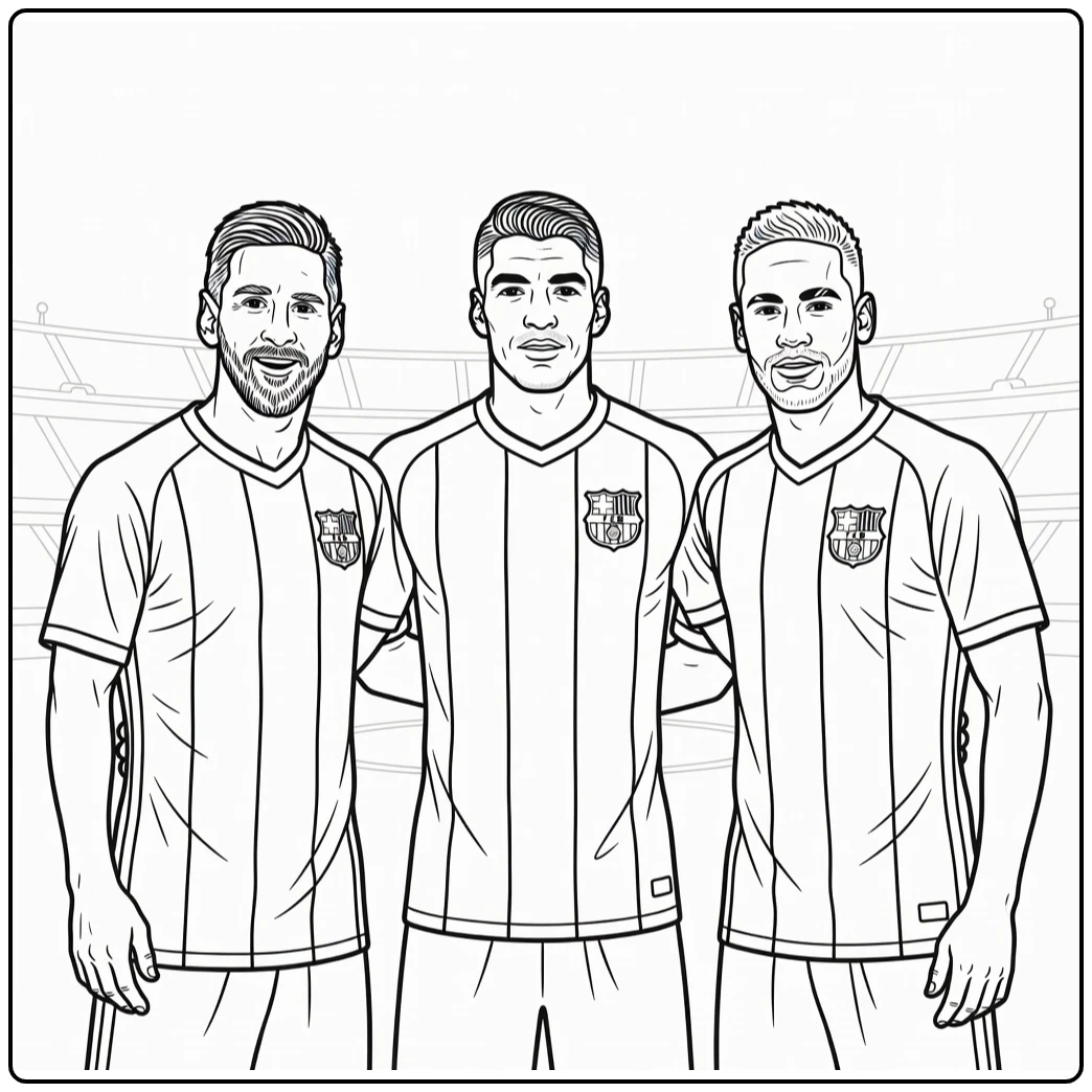 MSN Barcelona Kleurplaat met drie spelers in gestreepte shirts
