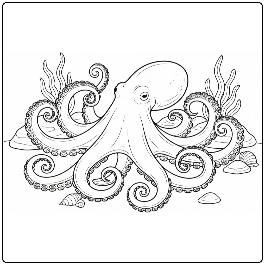 Octopus Kleurplaat met octopus op oceaanbodem