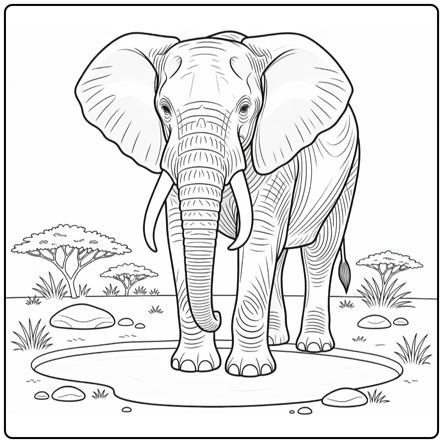 Olifant Kleurplaat met olifant bij waterpoel in safari