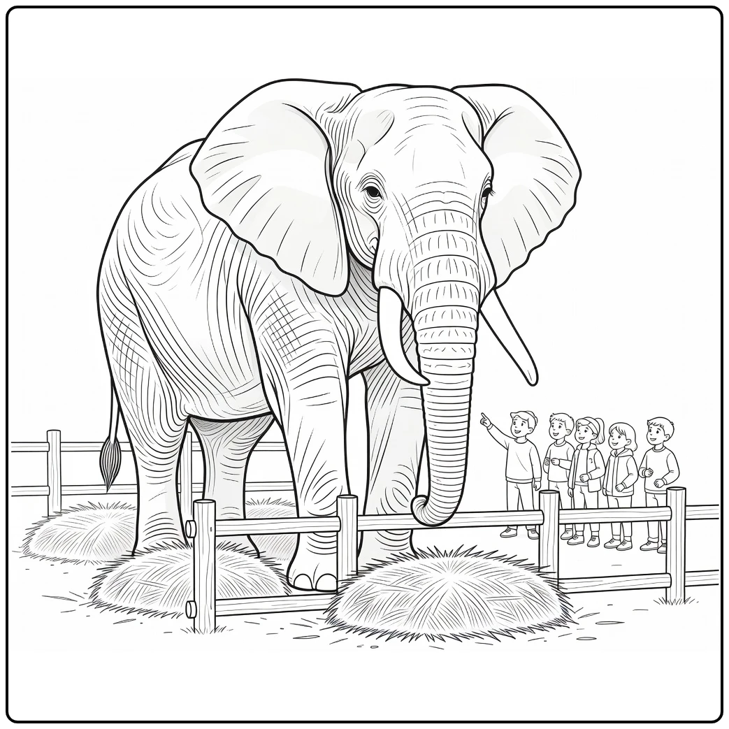 Olifant Kleurplaat met olifant bij voerplaats en kinderen