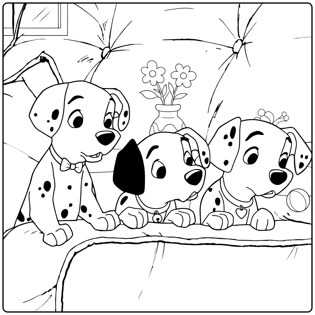 One Hundred and One Dalmatians Kleurplaat met drie puppies