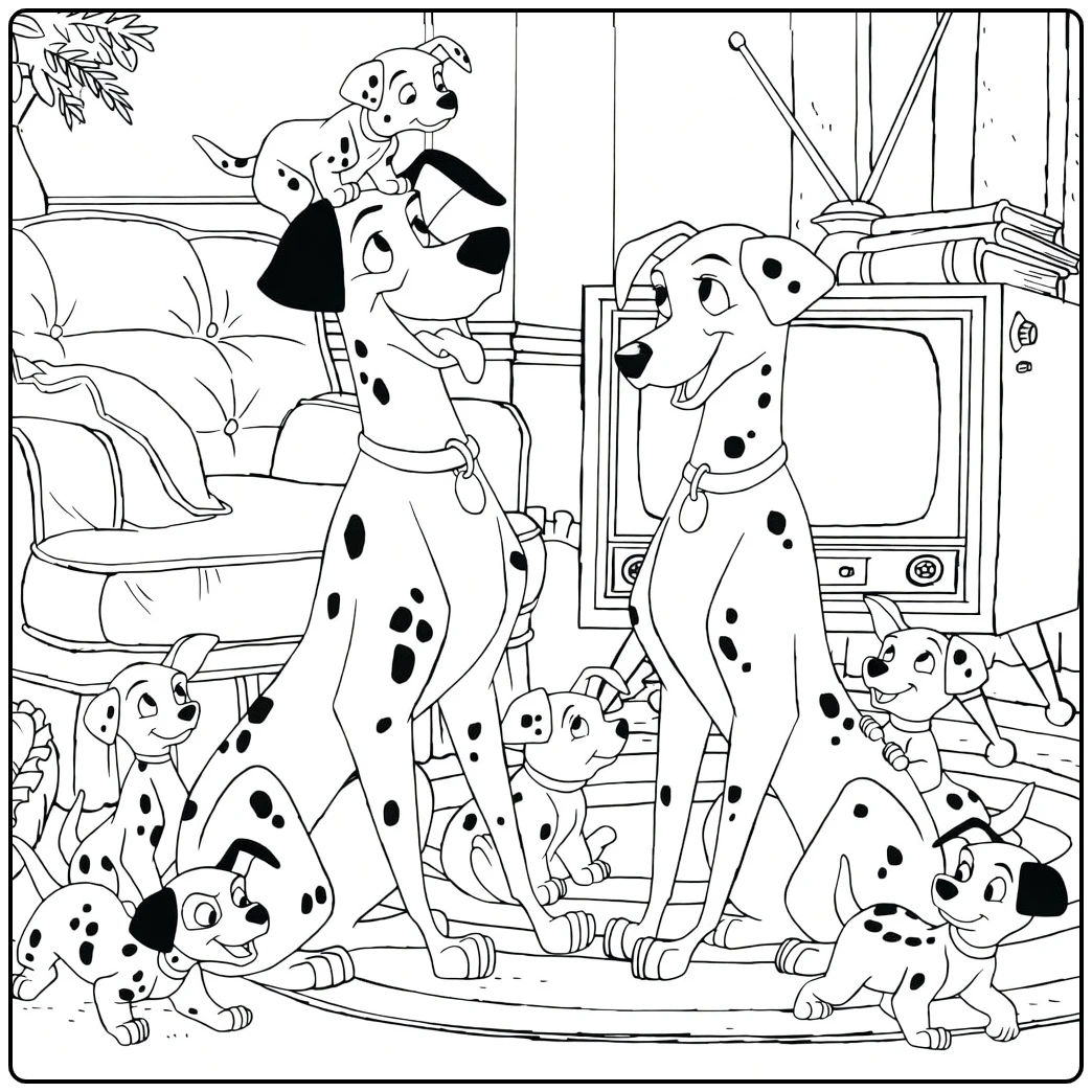One Hundred and One Dalmatians Kleurplaat dalmatiërs bij tv