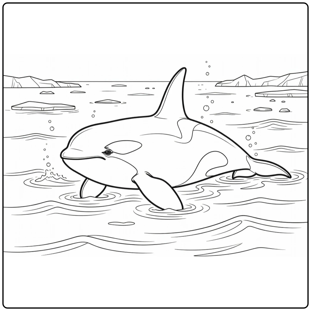 Orka Kleurplaat met orka in poolzee met ijs