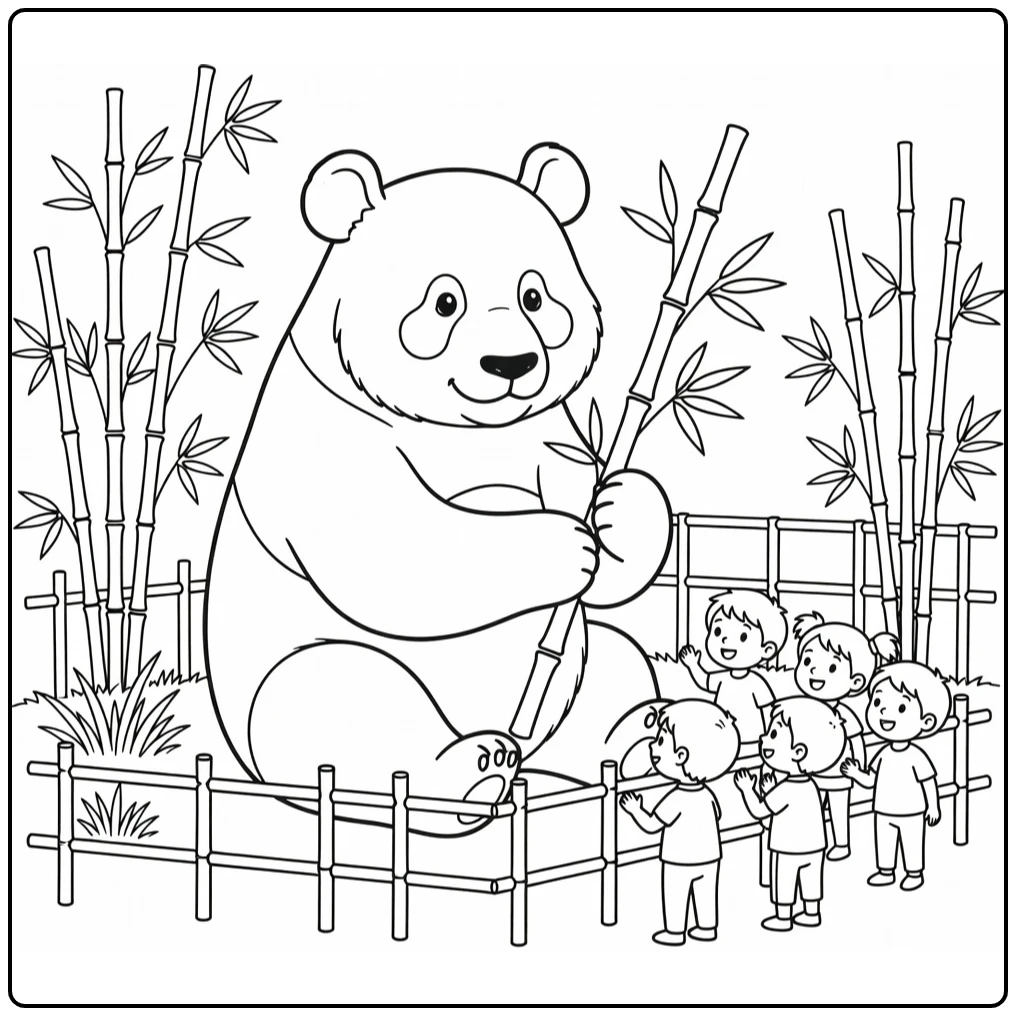 Panda Kleurplaat met panda in bamboe dierentuin
