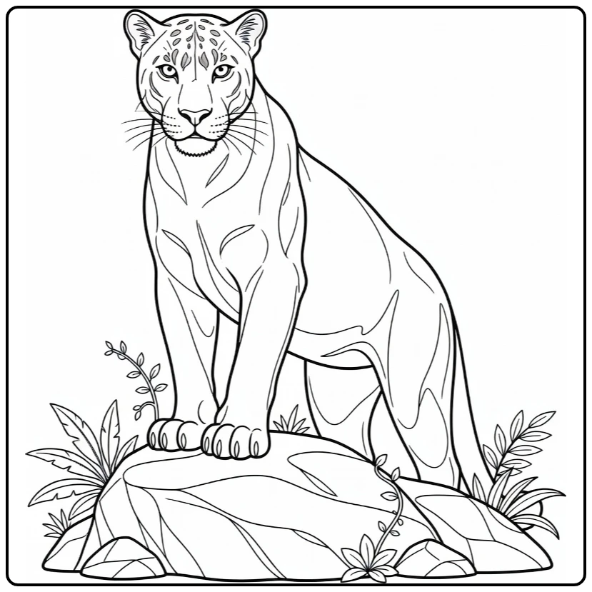 Panter Kleurplaat met panter op rots en jungle planten