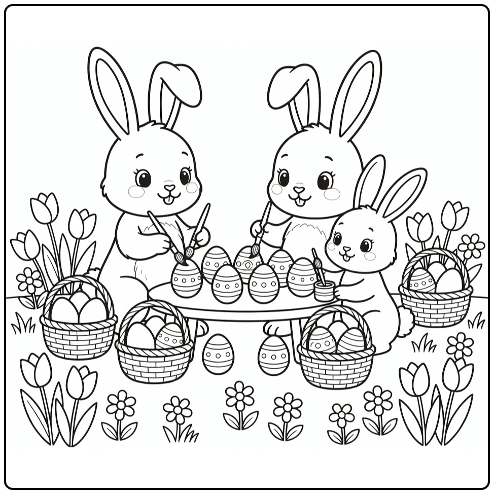 Pasen Kleurplaat konijnenfamilie versiert eieren in tuin