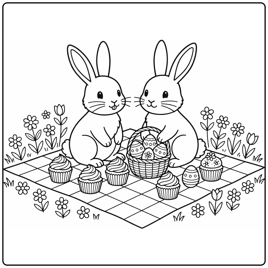 Pasen Kleurplaat van picknick met konijnen en cupcakes