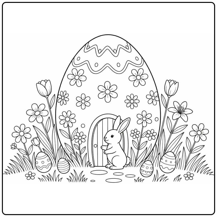 Pasen Kleurplaat fantasie paasei huis met konijn en bloemen