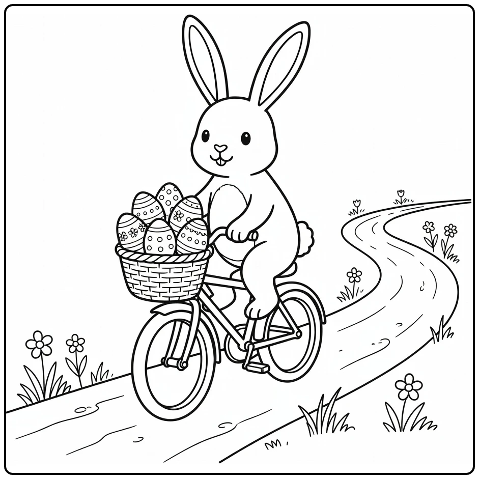 Pasen Kleurplaat konijn op fiets met paaseieren mand