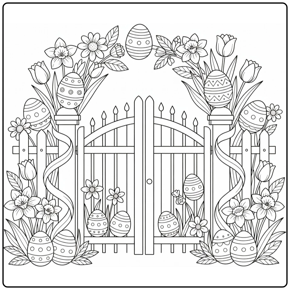 Pasen Kleurplaat lente tuinpoort met eieren en bloemen
