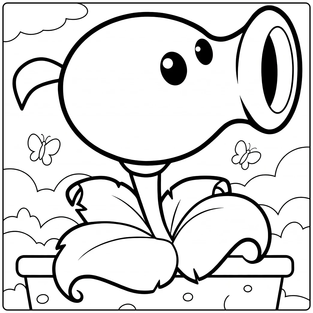 Peashooter Kleurplaat met vlinders en wolken