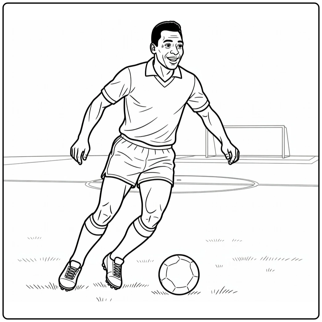 Pele kleurplaat van Pelé in dribbelpose op veld