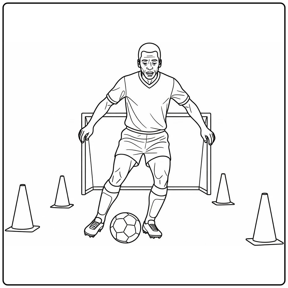Pele kleurplaat van Pele met bal naast kegels in training