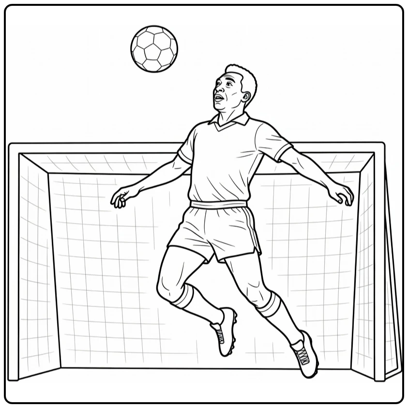 Pele kleurplaat van Pele die springt voor een krachtige kopbal