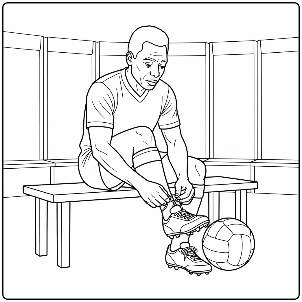 Pele kleurplaat met Pele en voetbal in kleedkamer