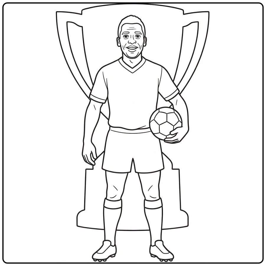 Pele kleurplaat met Pele en voetbal onder arm