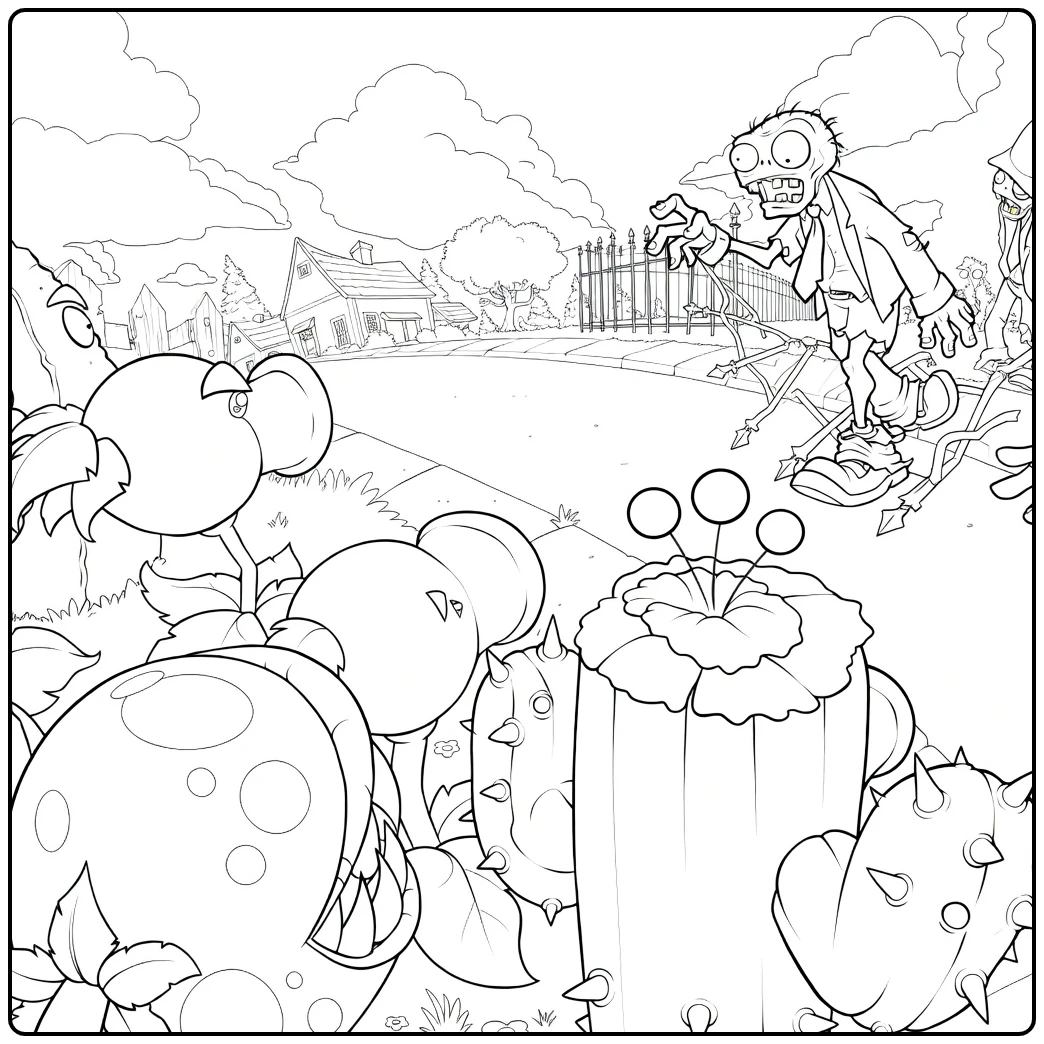 Plants vs zombies kleurplaat met planten en zombies strijd