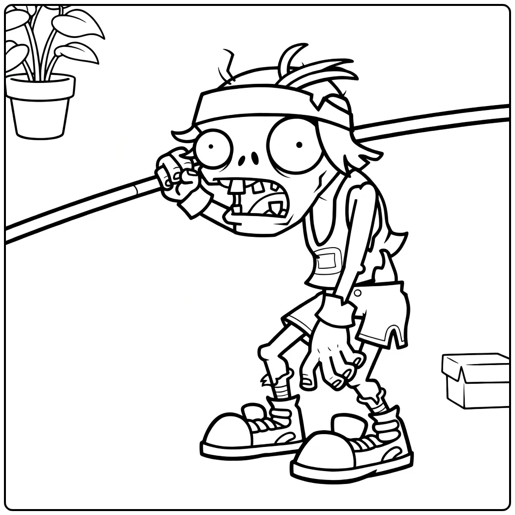 Pole Vaulting Zombie Kleurplaat met plant en doos