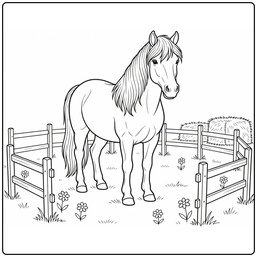 Pony Kleurplaat van pony in omheinde wei met bloemen