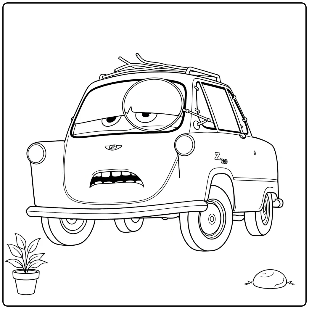 Professor Zündapp Kleurplaat auto met monocle en plant