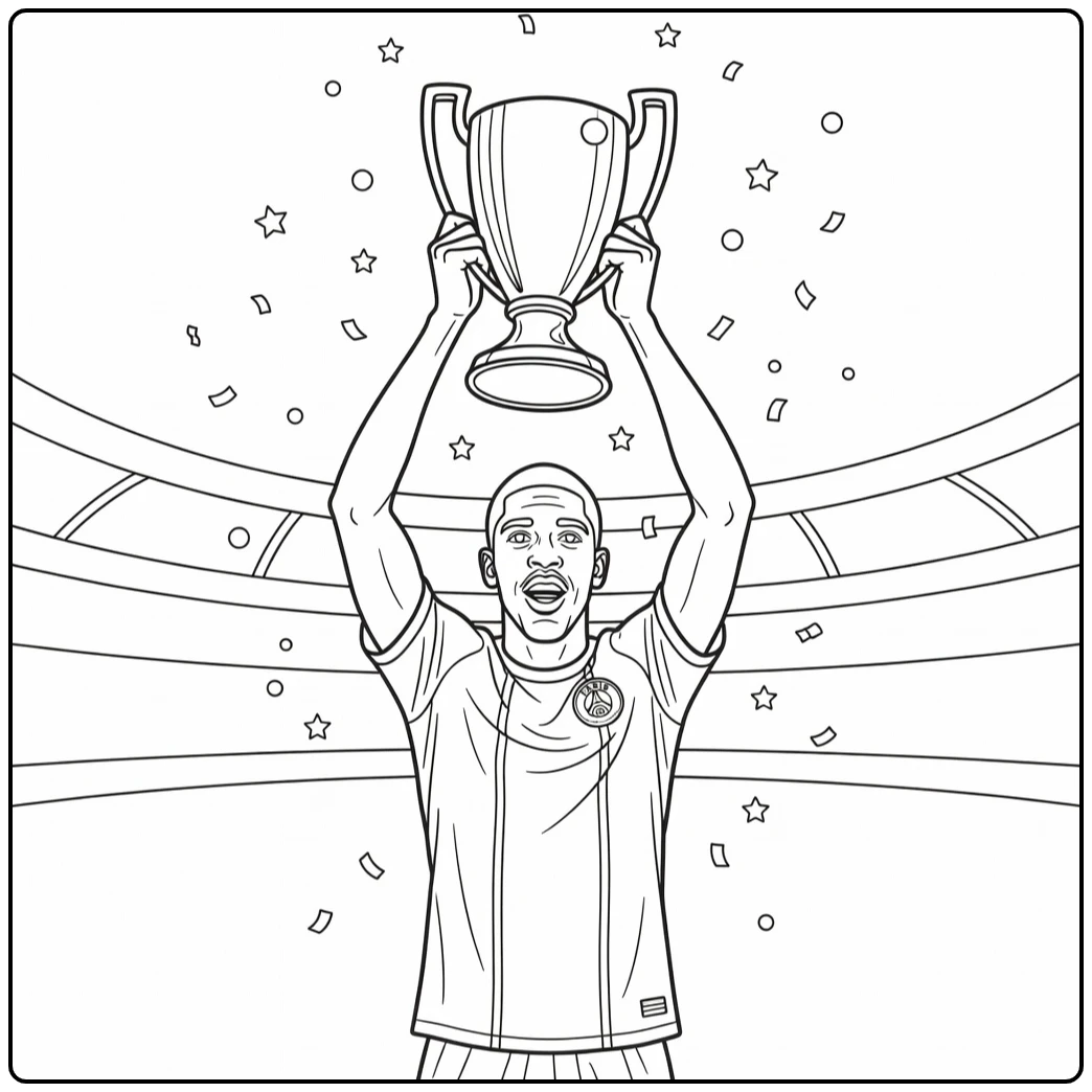 psg kleurplaat van PSG captain met trofee boven hoofd