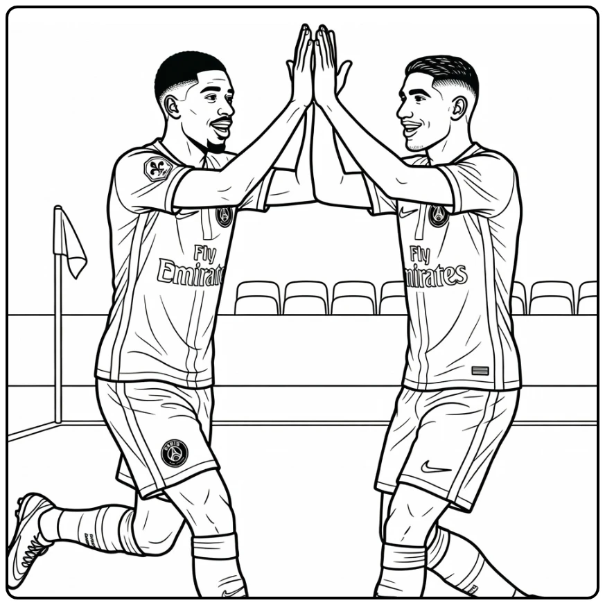 psg kleurplaat twee PSG spelers vieren goal high-five