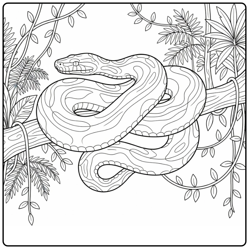 Python Kleurplaat met python om tak in regenwoud