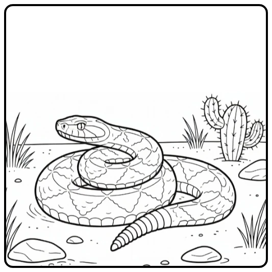 Ratelslang Kleurplaat met ratelslang op zand en cactus