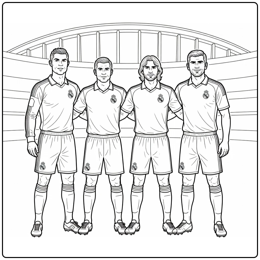 Real Madrid Kleurplaat met vier spelers in lineup