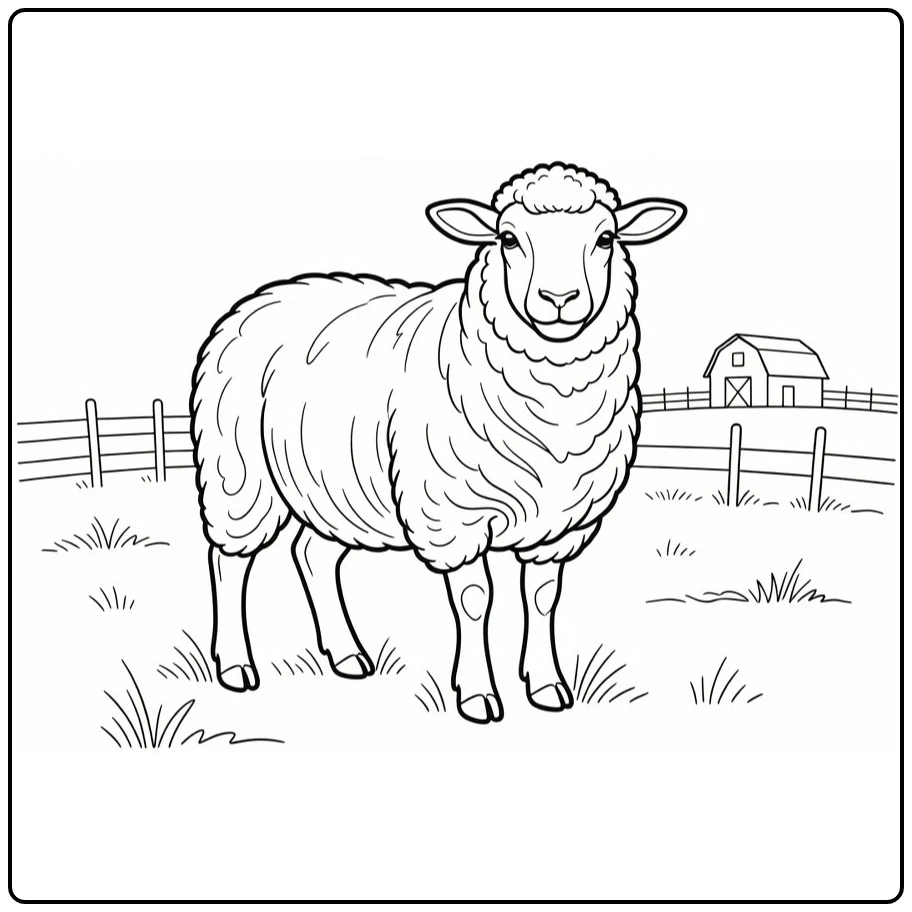 Schaap Kleurplaat van een schaap in de wei met hek en schuur