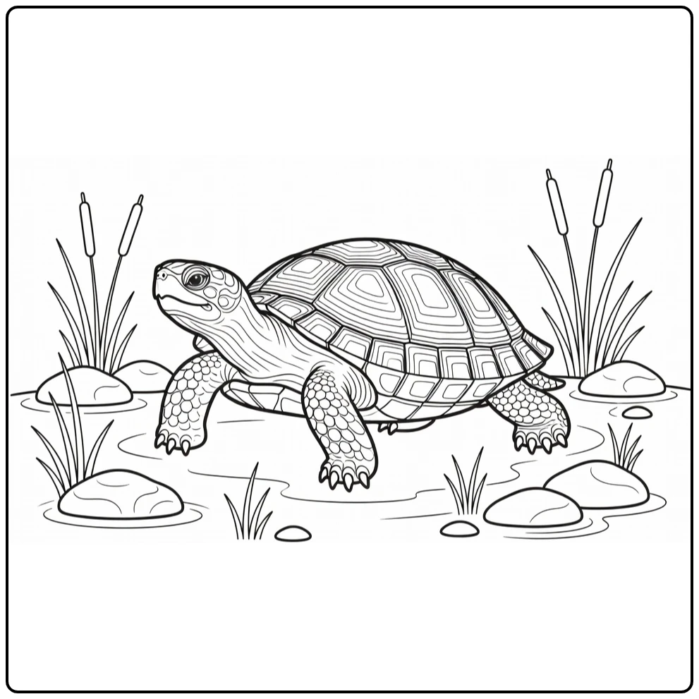 Schildpad Kleurplaat met schildpad bij vijver en riet