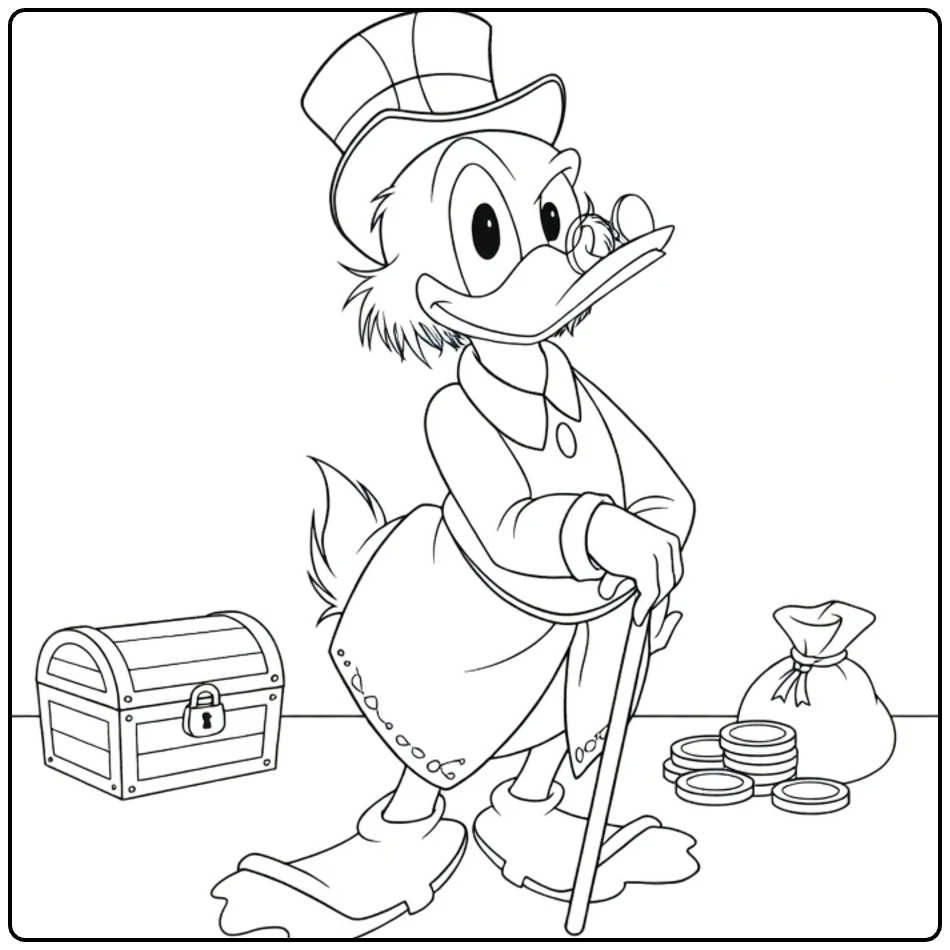 Scrooge McDuck Kleurplaat met schatkist en munten
