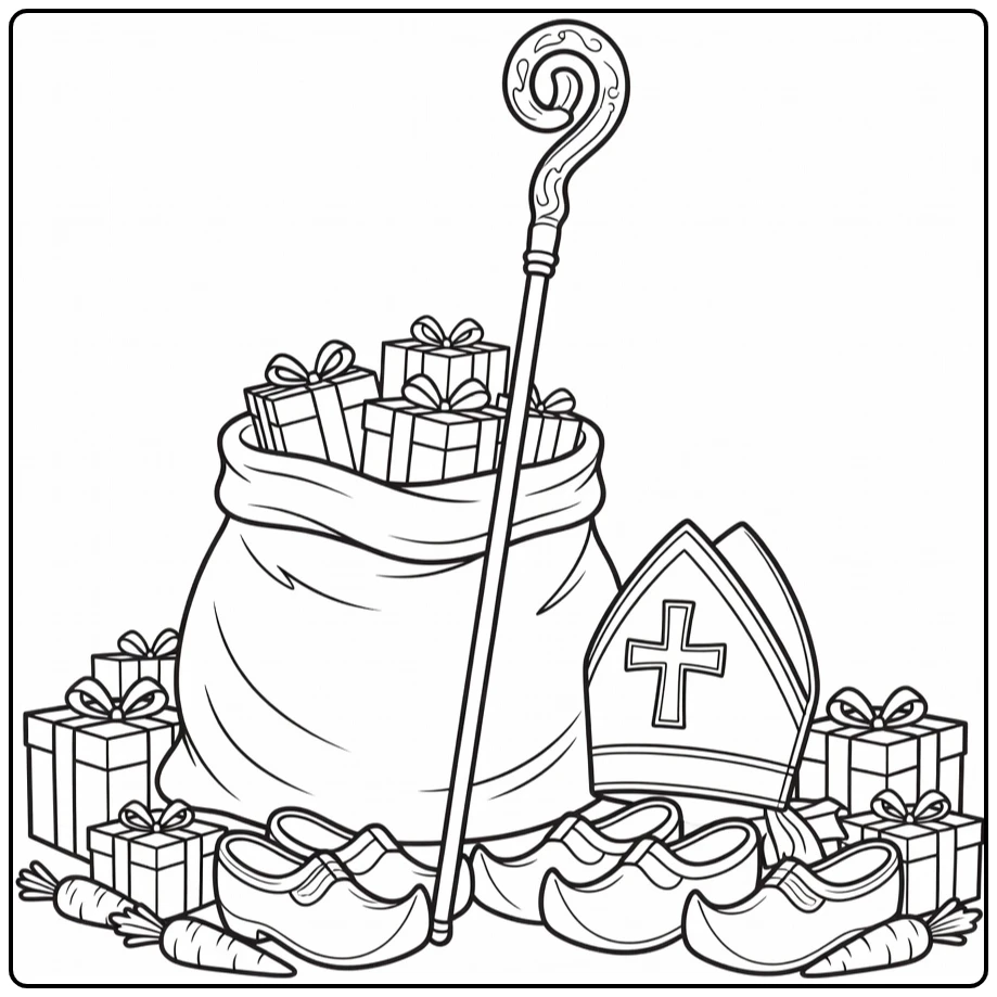 Sinterklaas Kleurplaat met zak cadeaus en mijter