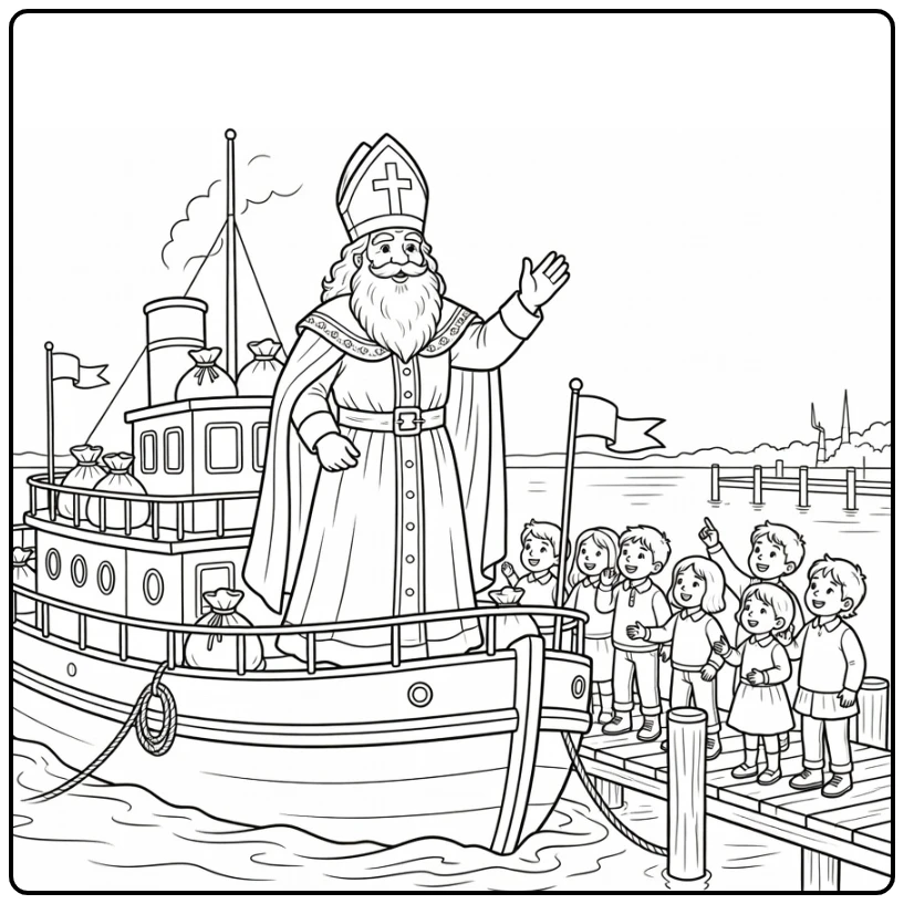 Sinterklaas Kleurplaat Sinterklaas op stoomboot in haven
