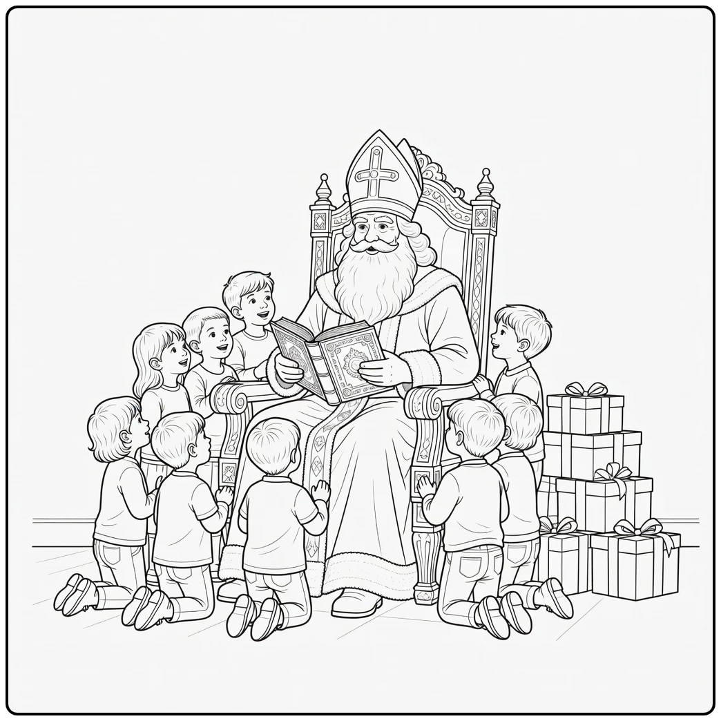 Sinterklaas Kleurplaat met boek en stapel cadeaus