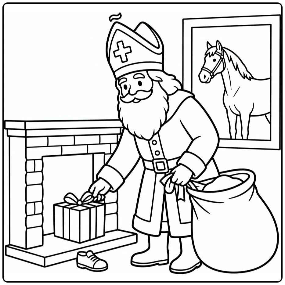 Sinterklaas Kleurplaat met Sinterklaas bij haard en paard