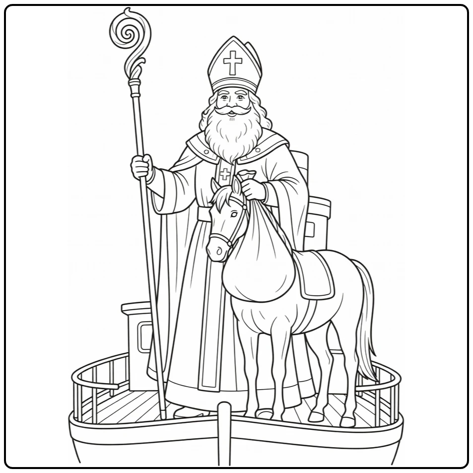 Sinterklaas Kleurplaat van Sint op stoomboot met wit paard