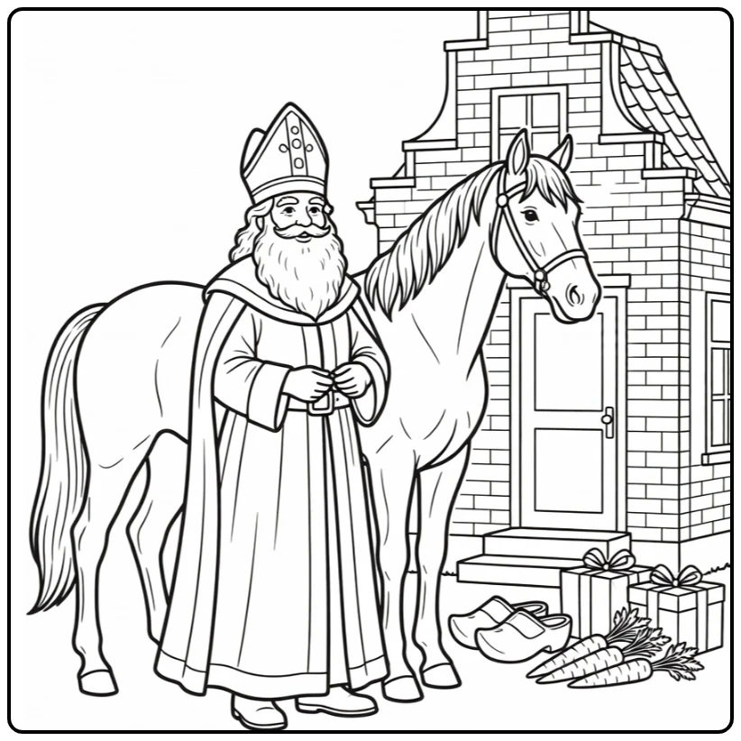 Sinterklaas Kleurplaat met paard voor Nederlands huis