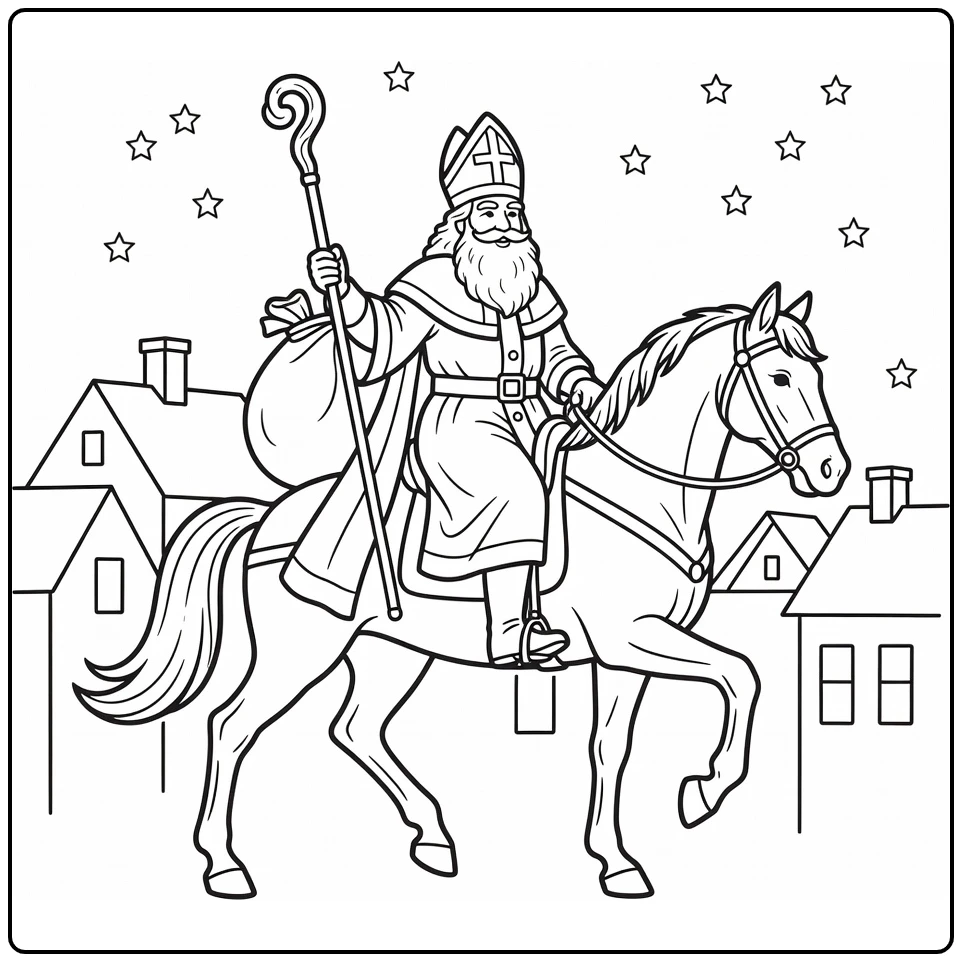 Sinterklaas Kleurplaat met Sinterklaas op paard over daken
