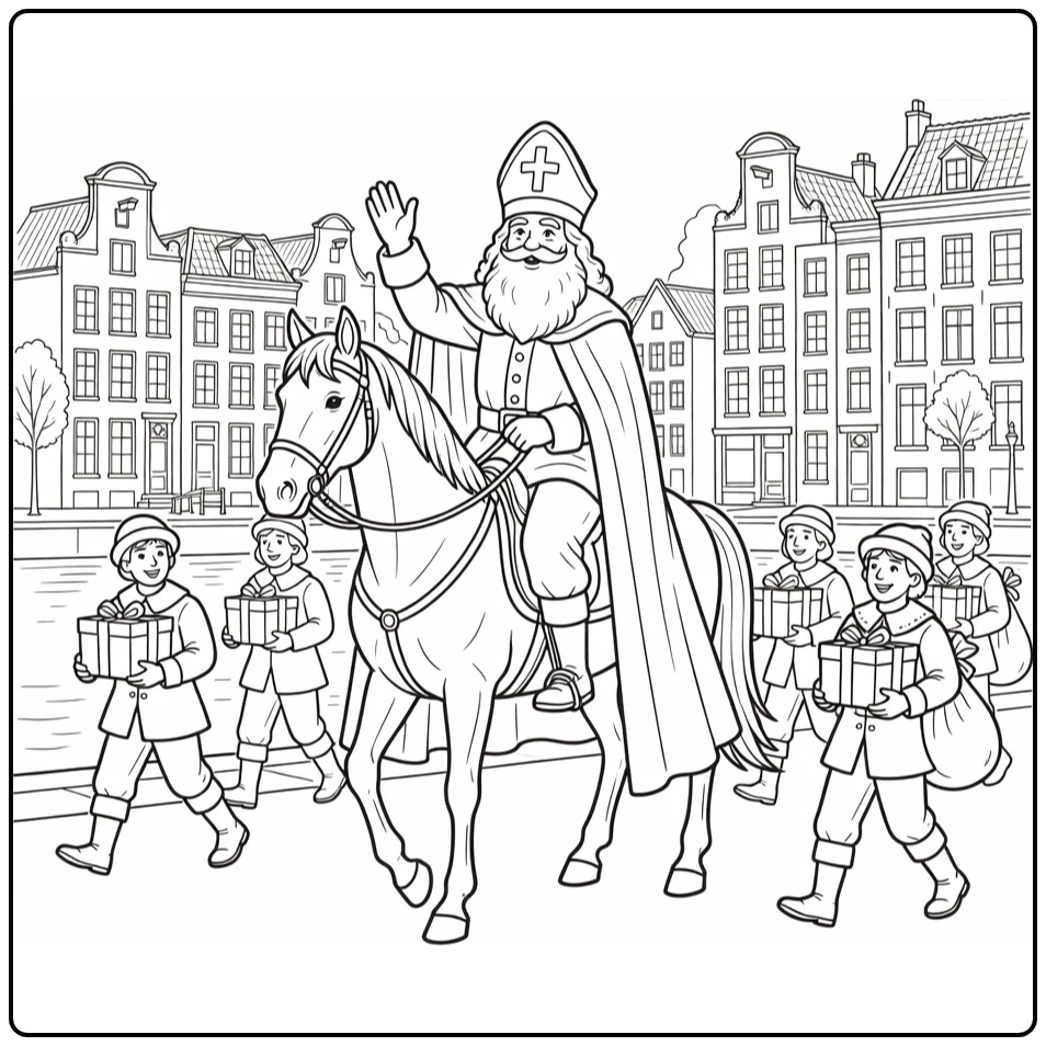Sinterklaas Kleurplaat parade langs gracht met wit paard