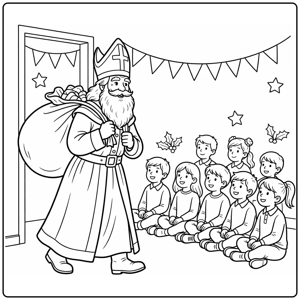 Sinterklaas Kleurplaat: Sinterklaas in klas met kinderen